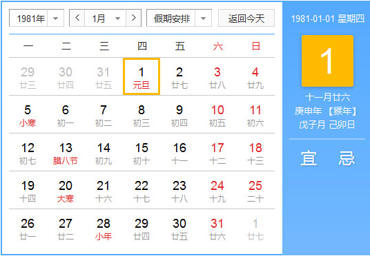 1981年农历阳历对照表 1981年老黄历查询表 一九八一年日历