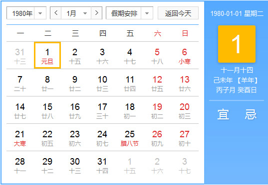 1980年农历阳历对照表 1980年老黄历查询表 一九八零年日历