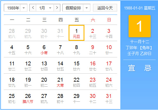 1988年农历阳历对照表 1988年老黄历查询表 一九八八年日历