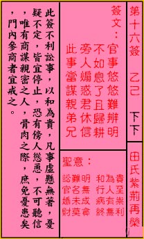 关帝灵签 第16签解签：下下 田氏紫荆再荣