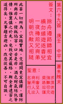 关帝灵签 第69签解签：中平 萧朱隙末