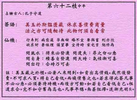 黄大仙灵签 第62签解签：中平 孔子守道